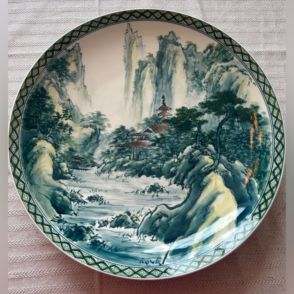 Vintage Japanese Arita Ware Extra Large Plate Hand Painted Colored Landscape